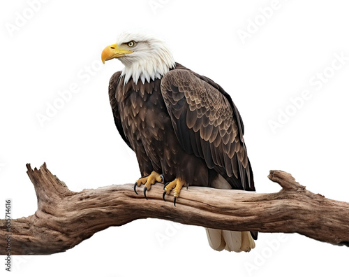 A Bald Eagle bird perched on a transverse branch with a transparent background
