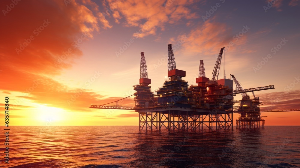 Scene of Offshore oil and rig platform at sunset and sunrise time, Oil and Gas processing, Power energy  and onshore refinery, Construction of production process, Generative AI,