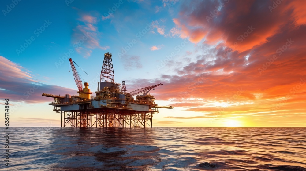Scene of Offshore oil and rig platform at sunset and sunrise time, Oil ...