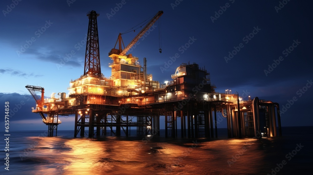 Scene of Offshore oil and rig platform at sunset and sunrise time, Oil and Gas processing, Power energy and onshore refinery, Construction of production process, Generative AI, Scene of Offshore oil and rig platform at sunset and sunrise time, Oil and Gas processing, Power energy and onshore refinery, Construction of production process, Generative AI,