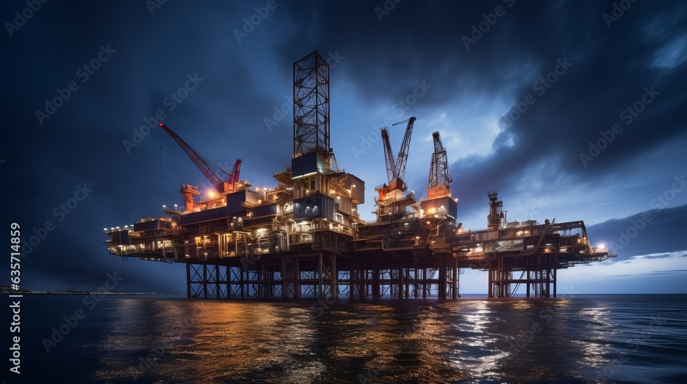 Obraz premium Scene of Offshore oil and rig platform at sunset and sunrise time, Oil and Gas processing, Power energy and onshore refinery, Construction of production process, Generative AI,