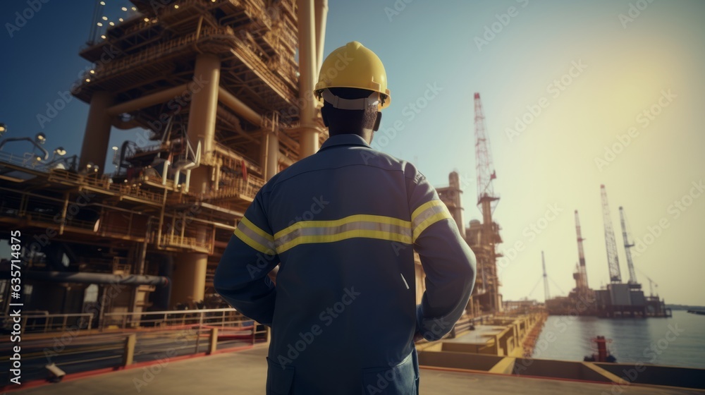 Scene of An operator working and doing maintenance at Offshore oil and rig platform at sunset, Maintenance and Operation, Power energy and onshore refinery, Worker walking and standing, Generative AI Scene of An operator working and doing maintenance at Offshore oil and rig platform at sunset, Maintenance and Operation, Power energy and onshore refinery, Worker walking and standing, Generative AI