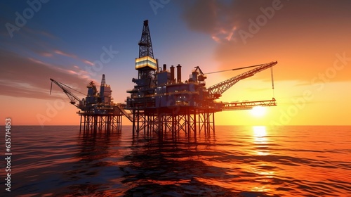 Scene of Offshore oil and rig platform at sunset and sunrise time, Oil and Gas processing, Power energy and onshore refinery, Construction of production process, Generative AI,