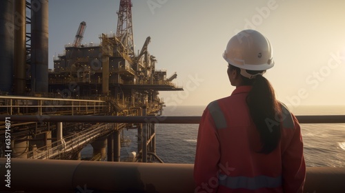 Scene of An operator working and doing maintenance at Offshore oil and rig platform at sunset, Maintenance and Operation, Power energy and onshore refinery, Worker walking and standing, Generative AI