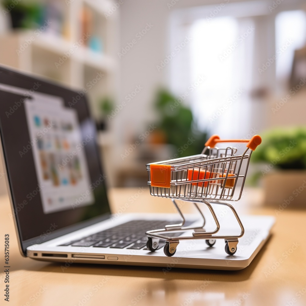 A model of a shopping cart alongside a laptop placed against a blurred home background. Illustrating the concepts of online business and e-commerce