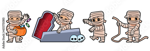 Set of cute Mummy cartoon characters . Halloween concept . Isolate white background . Vector .