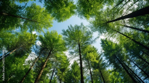 Immersed in a Dense Forest, Upward View of Green-Needled Canopy Against a Blue Sky – Eco-Friendly Nature Backdrop, Untouched by Figures
