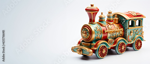 Elaborate toy train with turquoise and gold accents, displaying rich patterns on a pristine backdrop.