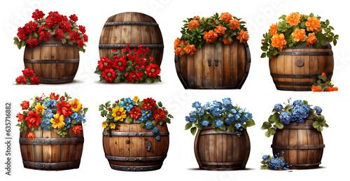 set of old barrel with flowers in vintage style on transparent background, generated ai