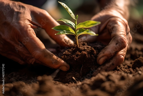 Close-up of a hand carefully planting a seed in the earth, a gesture that holds the promise of growth and life, connecting with the cycle of nature's renewal, morning sunlight
