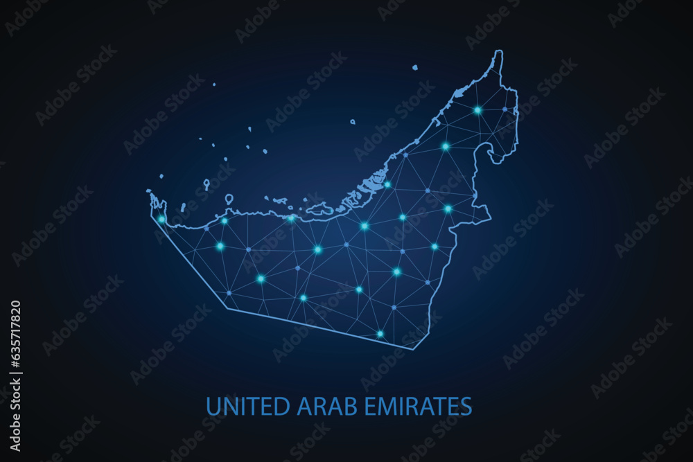 Obraz premium Map of United Arab Emirates. Wire frame 3D mesh polygonal network line, design sphere, dot and structure. communications map of United Arab Emirates. Vector Illustration EPS10.