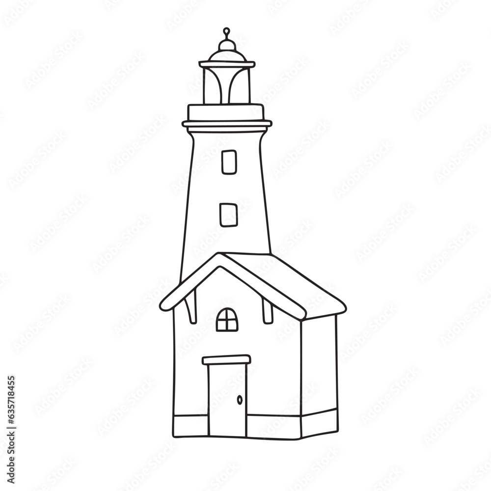 Lighthouse in doodle style isolated on white background. Vector illustration.