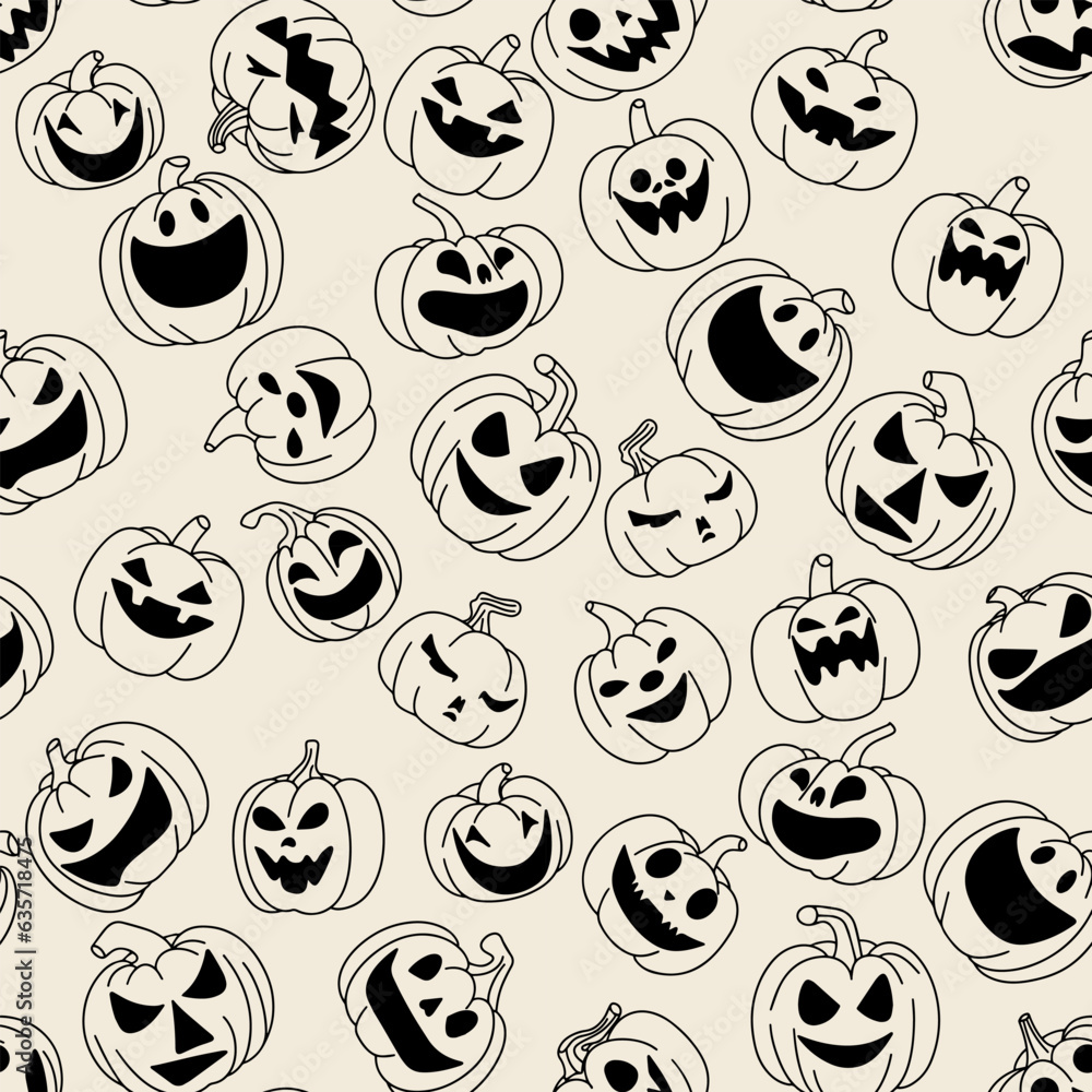 Fototapeta premium Seamless Halloween pattern in doodle style. Jack O Lantern seamless pattern. Background with Halloween pumpkin. Hand drawn vector illustration.