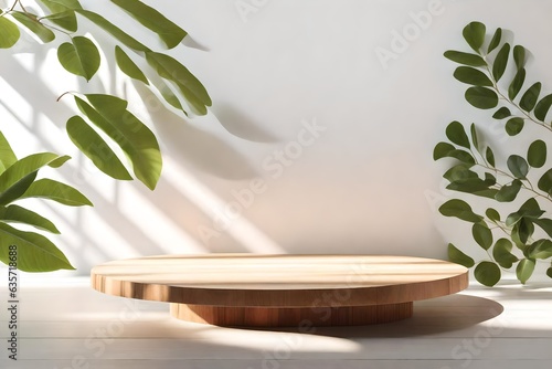 Realistic 3D render background for products overlay. Close up of a round empty teak wood table with sunlight and leaves shadow on white wall behind. Organic Beauty, Natural concept. Mock up, Podium. 