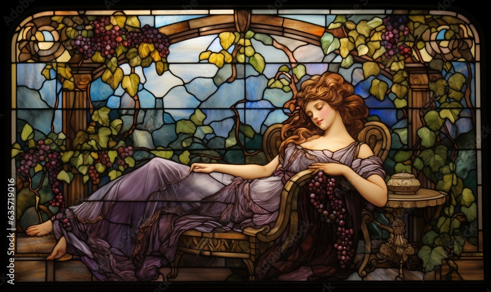 Photo of a woman sitting on a bench in front of a beautiful stained glass window