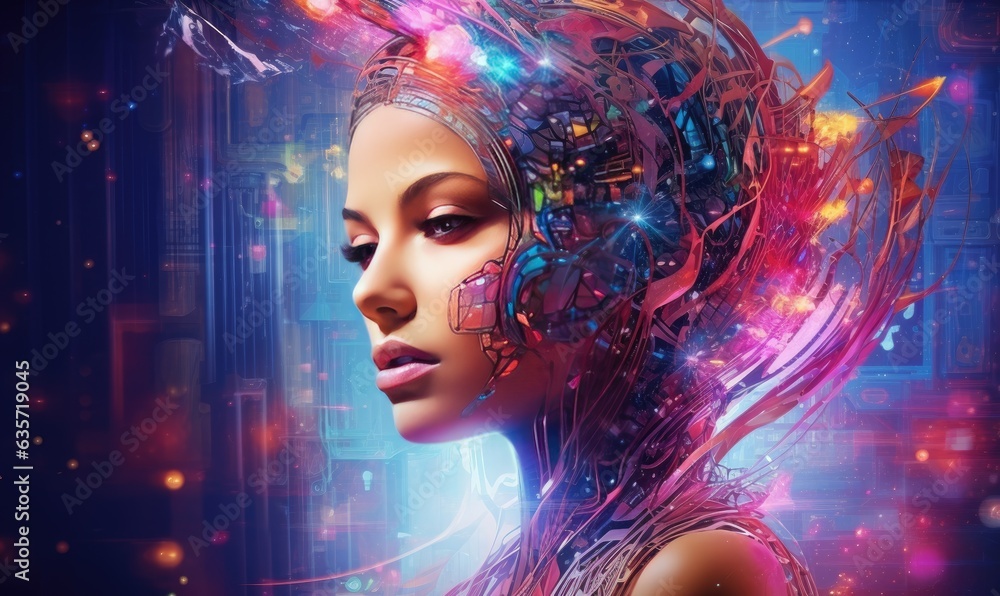 Photo of a vibrant digital painting capturing the essence of a woman's head illuminated by colorful lights Photo of a vibrant digital painting capturing the essence of a woman's head illuminated by colorful lights