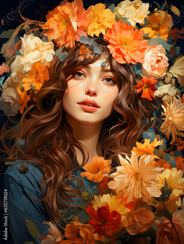 An illustration of a woman beautifully dressed with flowers, like an art painting, Generative AI