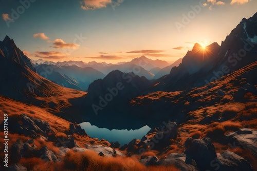 Mountains during sunset. Beautiful natural landscape in the summer time 3d rendering