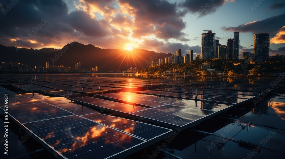Solar energy panels with city twilight. Generative AI
