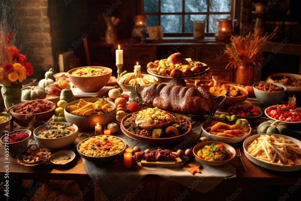 Thanksgiving dinner on a rustic wooden table with pumpkins, vegetables and wine. Autumn still life with traditional food and wine. Thanksgiving dinner.