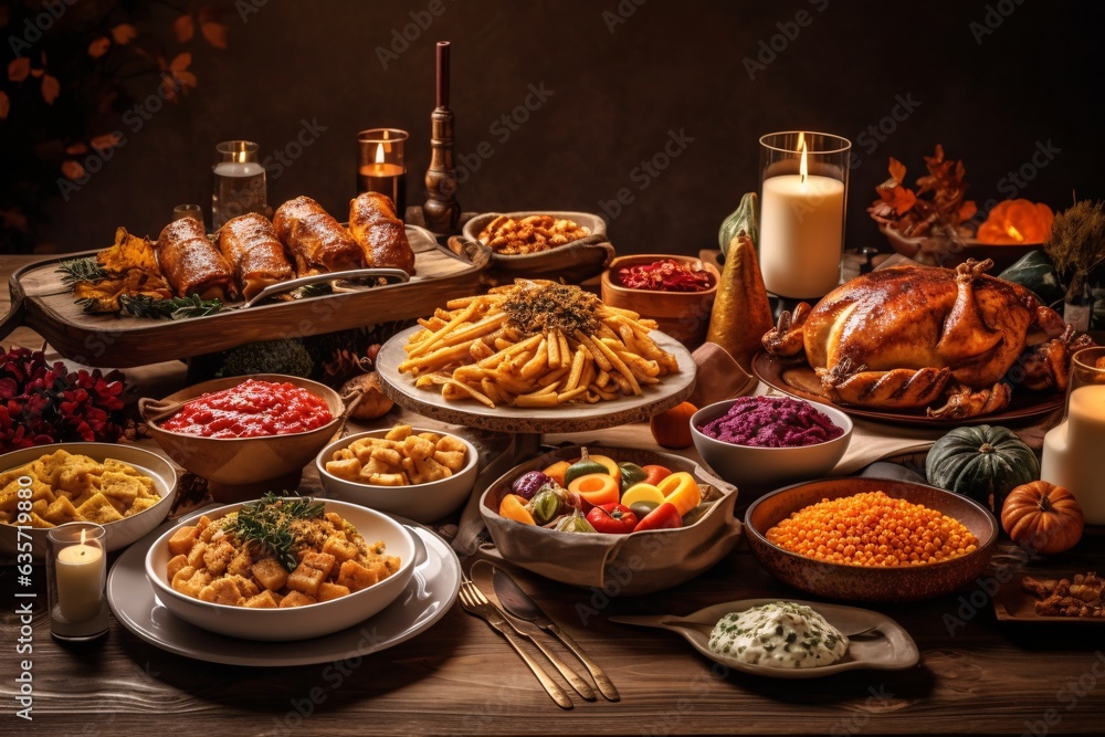 Thanksgiving dinner on a rustic wooden table with pumpkins, vegetables and wine. Autumn still life with traditional food and wine. Thanksgiving dinner.