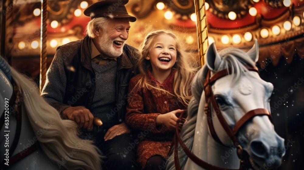 carousel with horses grandfather and granddaughter playing