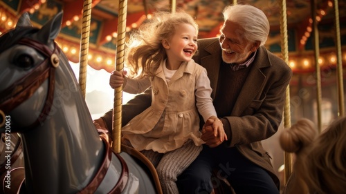 couple riding carousel grandfather and granddaughter playing