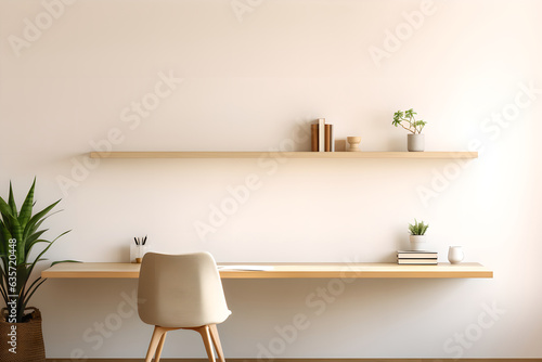 Simple home office with workspace interior. Minimalistic modern home office with empty copy space huge white wall