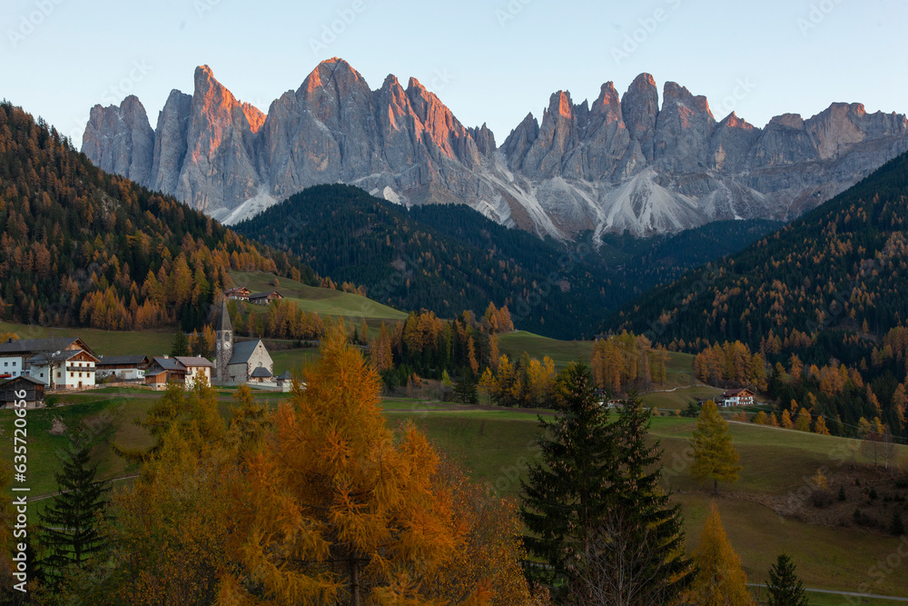 Autumn Season in the Italian Dolomites, Val Di Funes Village Bolzano, Italy	
