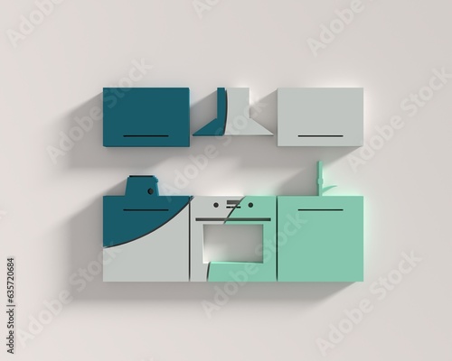 Kitchen interior logo design. Furniture and domestic electronic. Emblem for branding. 3D render