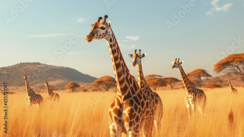 herd of giraffes in the savannah walking on yellow grass