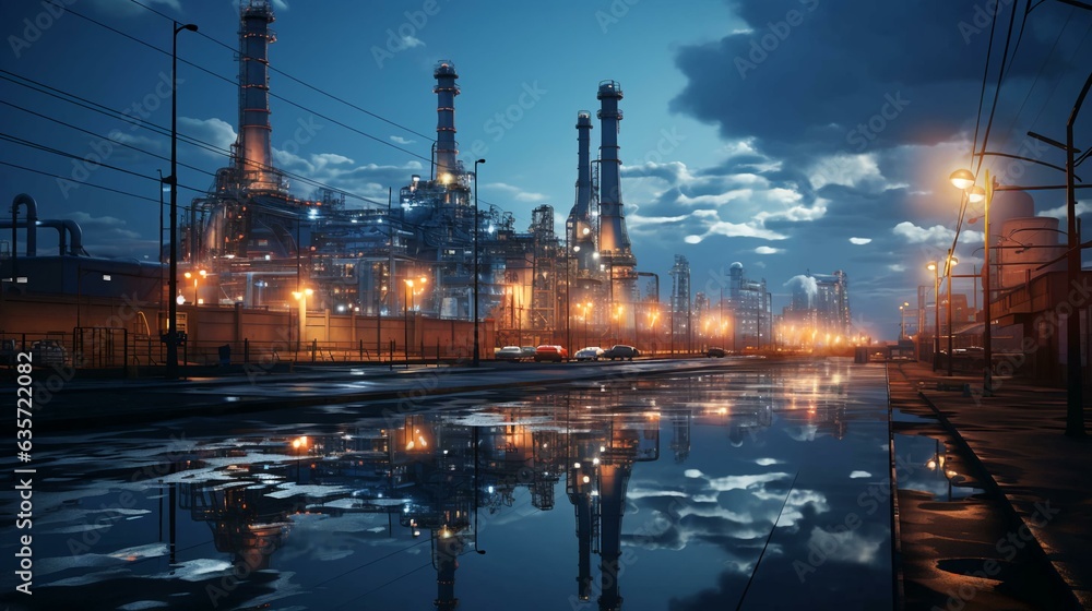Industrial oil refinery petrochemical chemical plant with equipment and tall pipes at night. AI generated