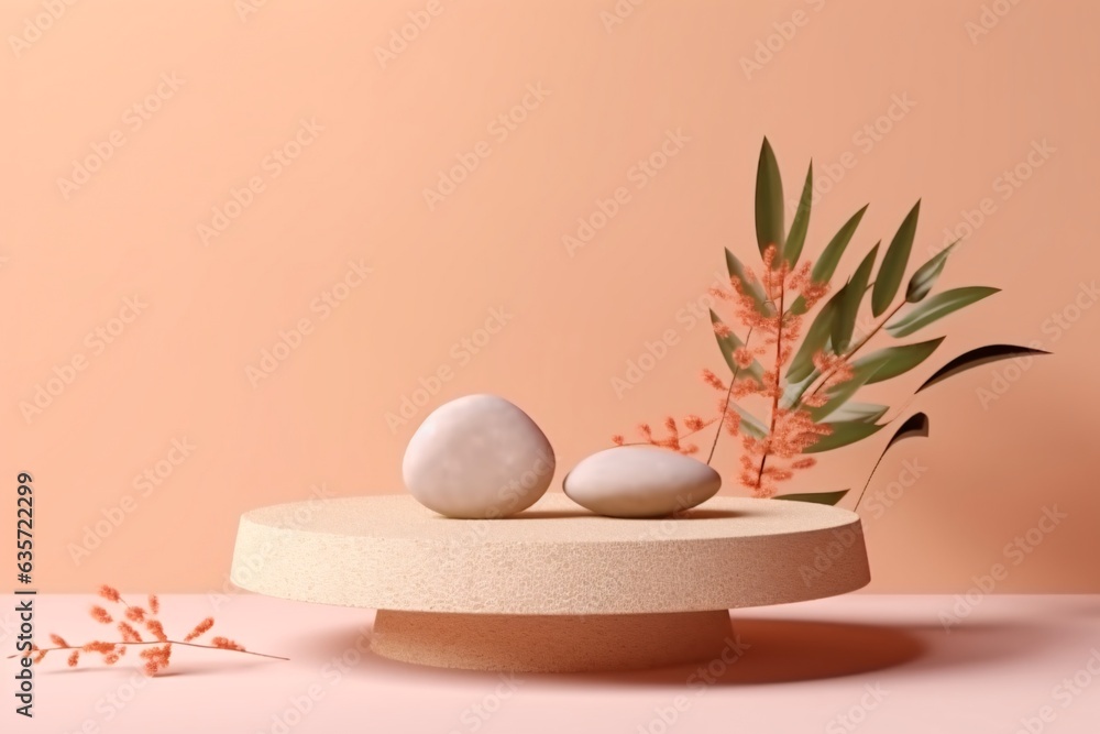 Podium for product presentation. Podiums with plants and copy space. Minimal geometric background. Podium for product presentation with leaves and branch. Podium for product presentation. Podiums with plants and copy space. Minimal geometric background. Podium for product presentation with leaves and branch.