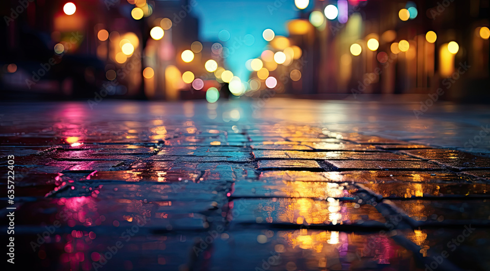 Rainy city street at night, bokeh light background. created by generative AI technology.