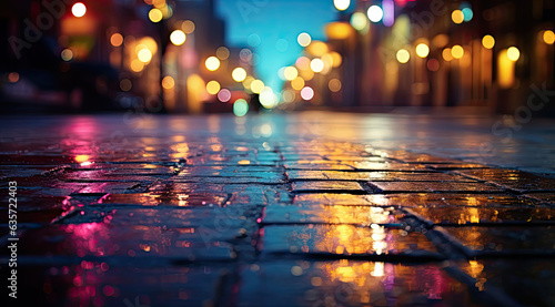 Rainy city street at night, bokeh light background. created by generative AI technology.