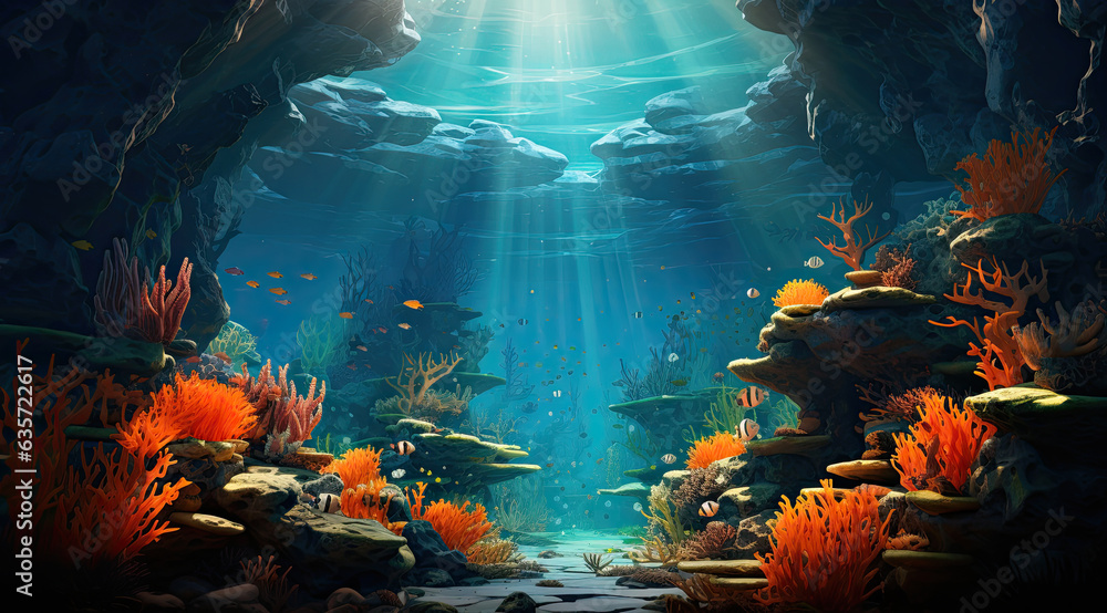 Underwater landscape with corals and tropical fish. 3D illustration. created by generative AI technology.
