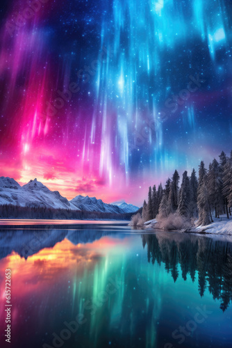 Fantastic winter landscape with frozen lake and aurora borealis. created by generative AI technology. © hakule
