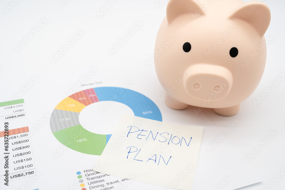 Naklejka premium Concept of Pension Planning. A piggy bank with paper note Pension Plan. Piggy bank and graph for money management in the future.