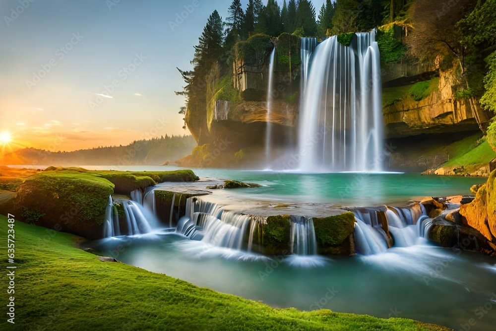 Fototapeta premium beautiful waterfall in the forest and color full flowers generated by AI tool 