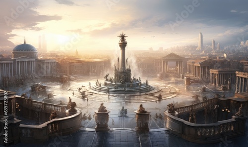 Photo of a cityscape with a majestic fountain and statues