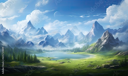 Photo of a scenic mountain range with a serene lake in the foreground