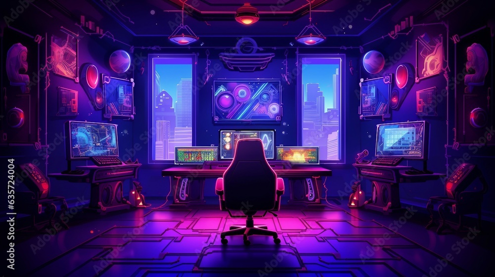 An illustration of a gaming room with neon lights and furniture AI Generated - obrazy, fototapety, plakaty 