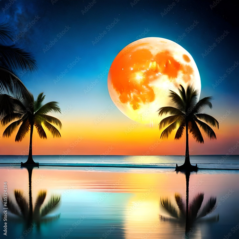 Beautiful fantasy of landscape tropical beach with silhouette palm tree in night skies and full moon - dreamlike wonder nature