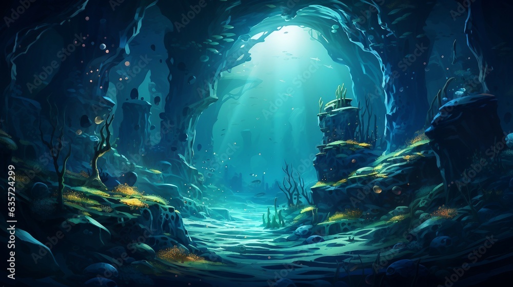 An illustration of an underwater cave with a light coming from the top AI Generated An illustration of an underwater cave with a light coming from the top AI Generated