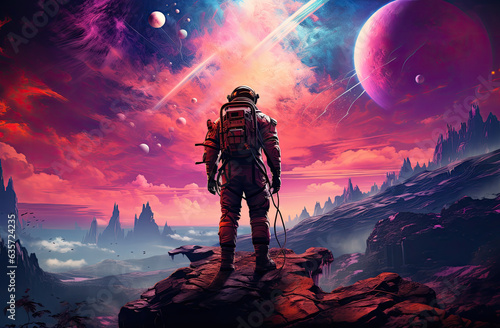 Astronaut on the colorful background of the planet. created by generative AI technology.