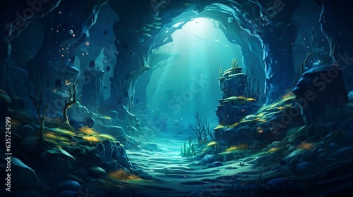 An illustration of an underwater cave with a light coming from the top AI Generated
