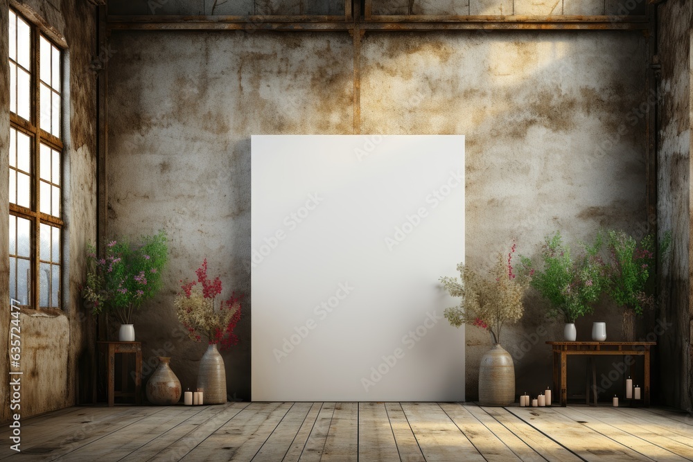 A large canvas mockup leaning against a weathered concrete wall in an old loft, accompanied by flower vases. Photorealistic illustration, Generative AI A large canvas mockup leaning against a weathered concrete wall in an old loft, accompanied by flower vases. Photorealistic illustration, Generative AI