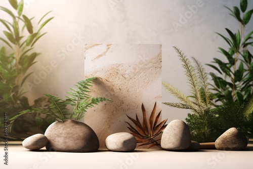 Luxury podium for product presentation. Podiums with plants and copy space. Minimal geometric background. Podium for product presentation with leaves and branch.