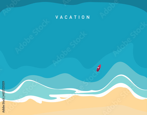 Top view of the sea reaching the coastline, small boat, vacation, vector illustration