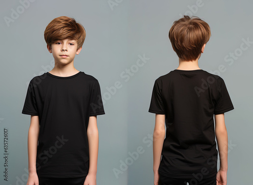 Front and back views of a little boy wearing a black T-shirt